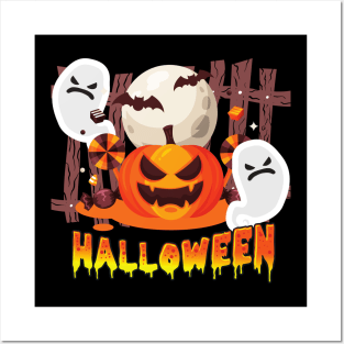 Halloween Pumpkin Candy Ghosts Moon Bat Scary Spooky Costume Posters and Art